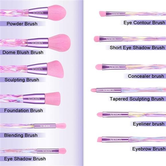 12 Pcs Pink Crystal handle l Makeup Brush Set with Makeup Bag and 1 Sponge - Picture 5 of 6